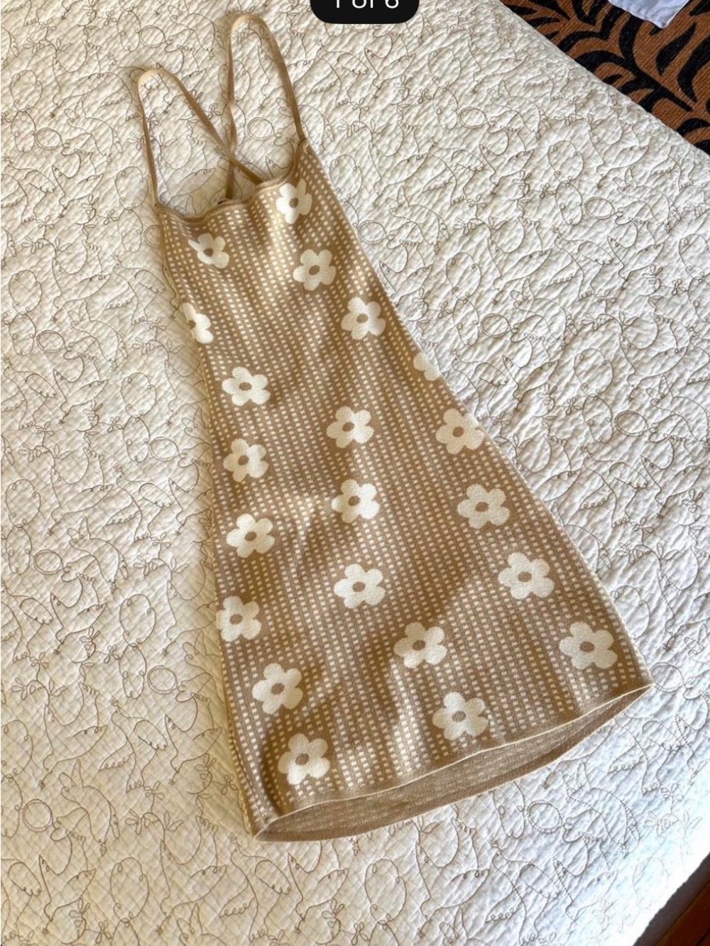 Beige Floral Knit Mini Dress with Cream Flowers